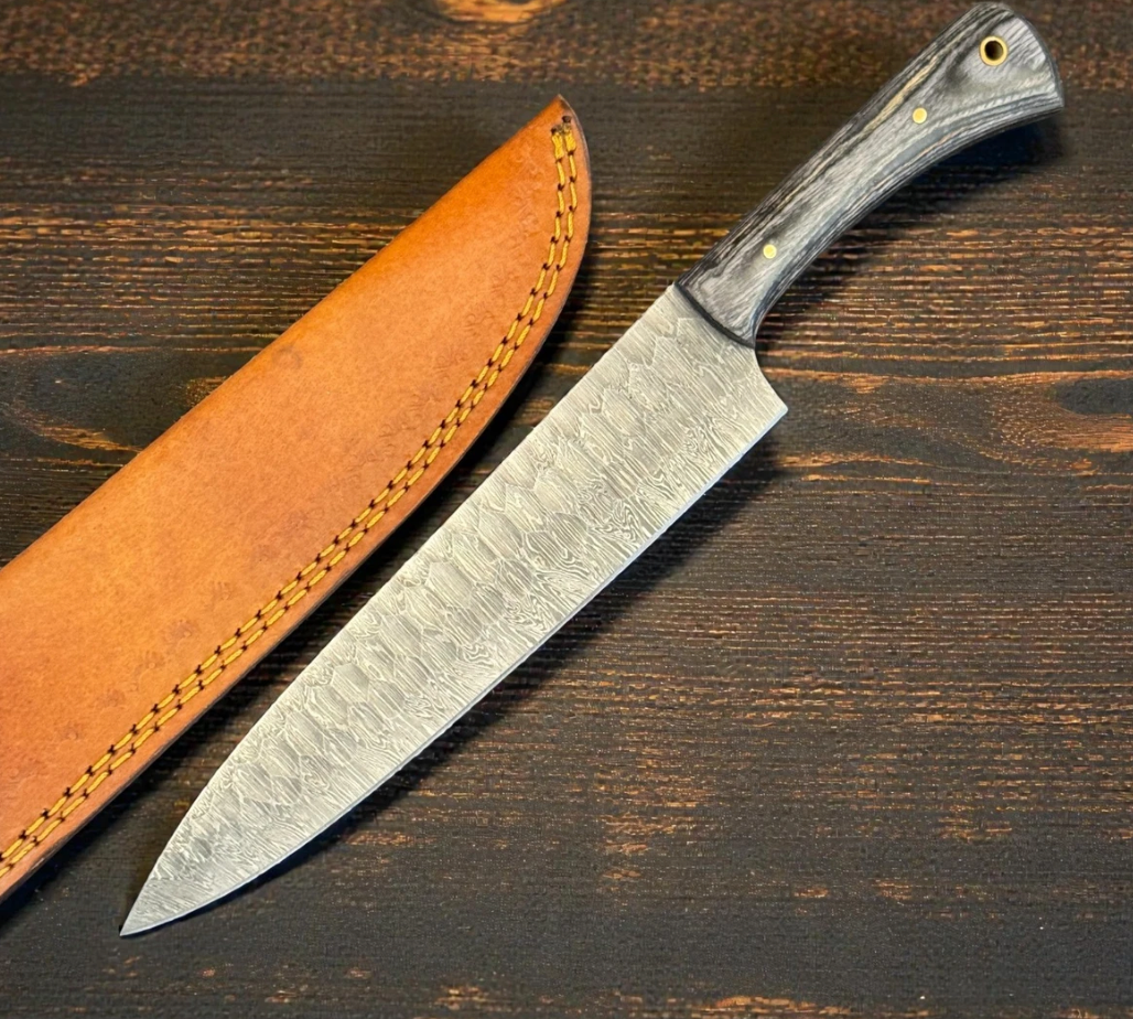 12.25" Damascus Chef Knife with leather case