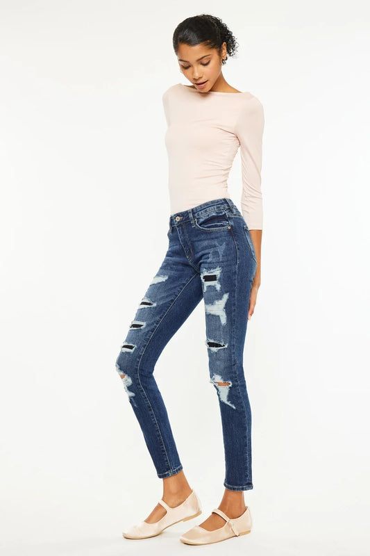 DISTRESSED MED RISE SUPER SKINNY JEANS