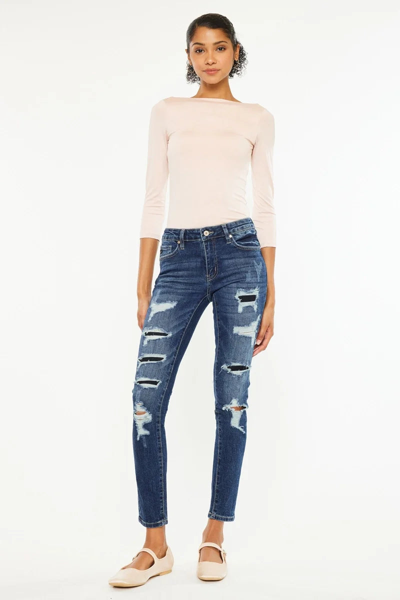 DISTRESSED MED RISE SUPER SKINNY JEANS